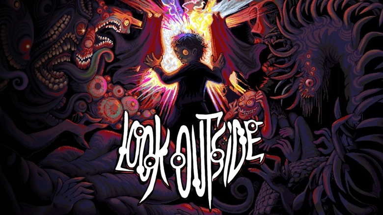 The cover art for the game Look Outside showing a character standing before an opening that is pouring bright light, surrounded by eldritch monsters