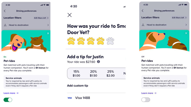 Three-pane screenshot view of Lyft's Pet Mode. They show app views of hailing a ride and rating a driver.