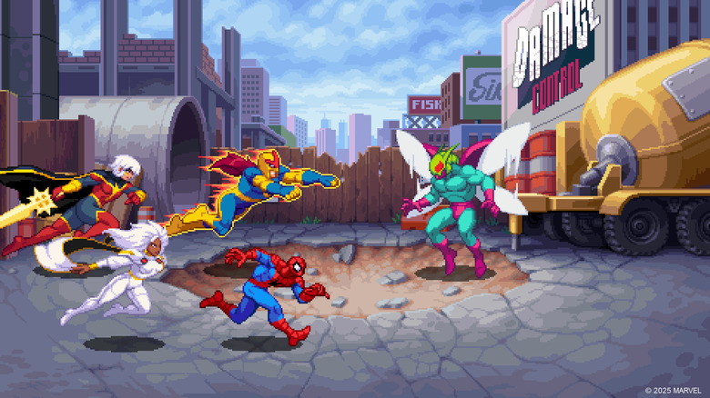 Screenshot from Marvel Cosmic Invasion, showing Spider-Man and other heroes fighting a villain. '90s beat-'em-up style.
