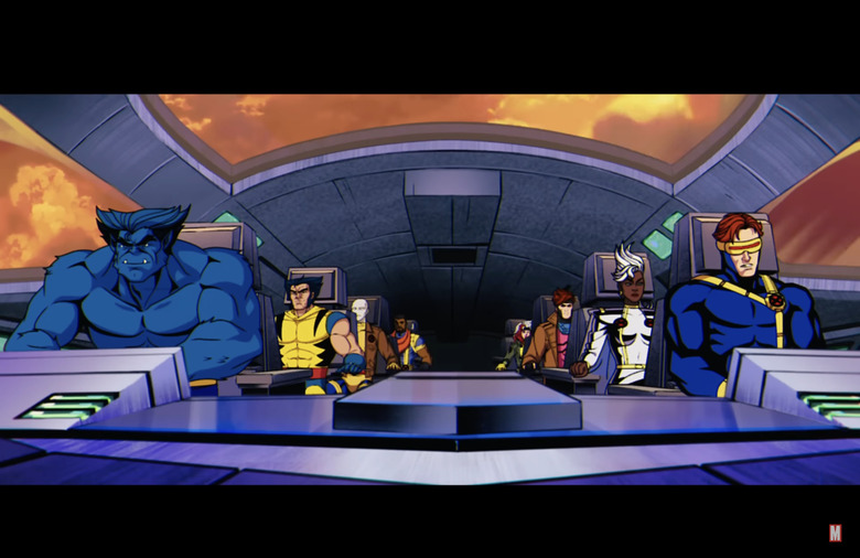 A still of an animated series featuring a group of people wearing spandex inside an aircraft.