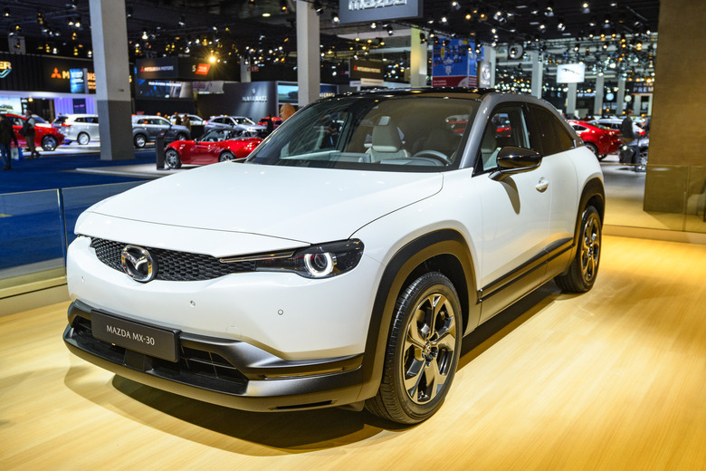 BRUSSELS, BELGIUM - JANUARY 9: Mazda MX-30 electric compact crossover SUV on display at Brussels Expo on January 9, 2020 in Brussels, Belgium. The MX-30 is Mazda's first mass-produced electric car. (Photo by Sjoerd van der Wal/Getty Images)