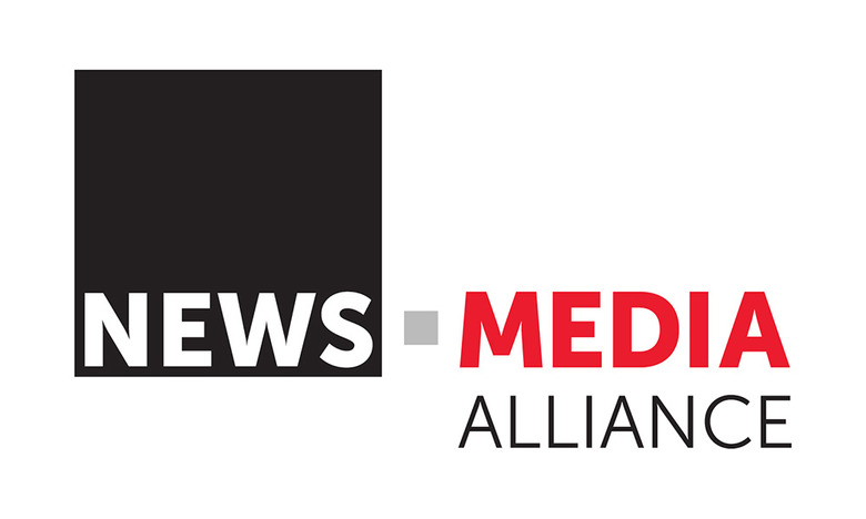Logo for The News / Media Alliance, featuring white, red and black fonts on black and white backgrounds.