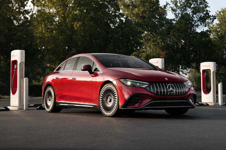 Mercedes-Benz EQS at a Tesla Supercharger station