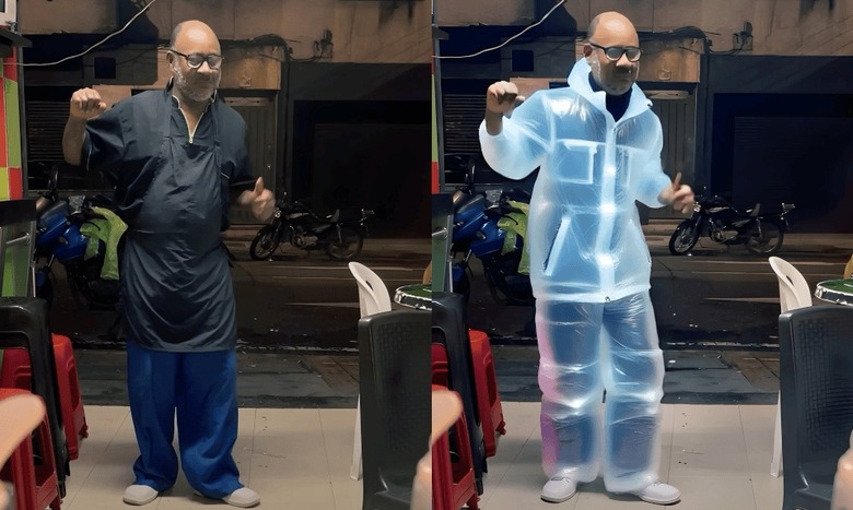 A split-screen view of an unedited and AI-edited video. A person dances in black clothing. In the edited version, he dances in a puffy blue cellophane outfit.