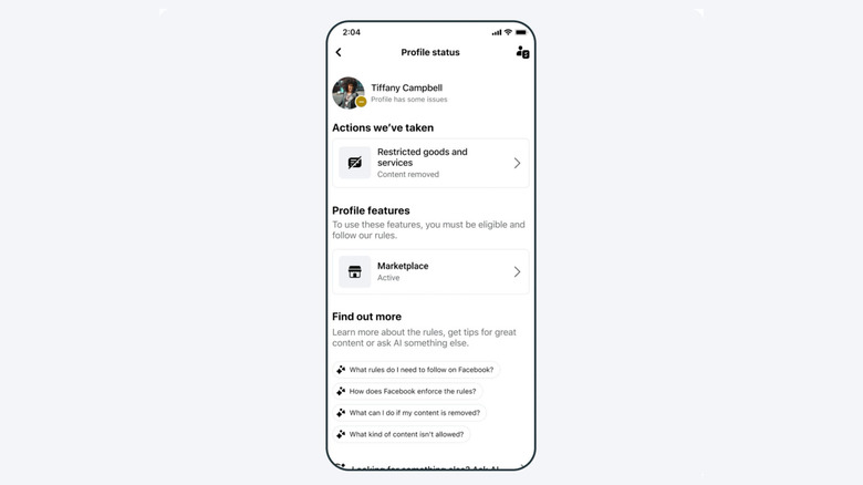 A screenshot of the Facebook app's support hub showing AI chat and profile issues.