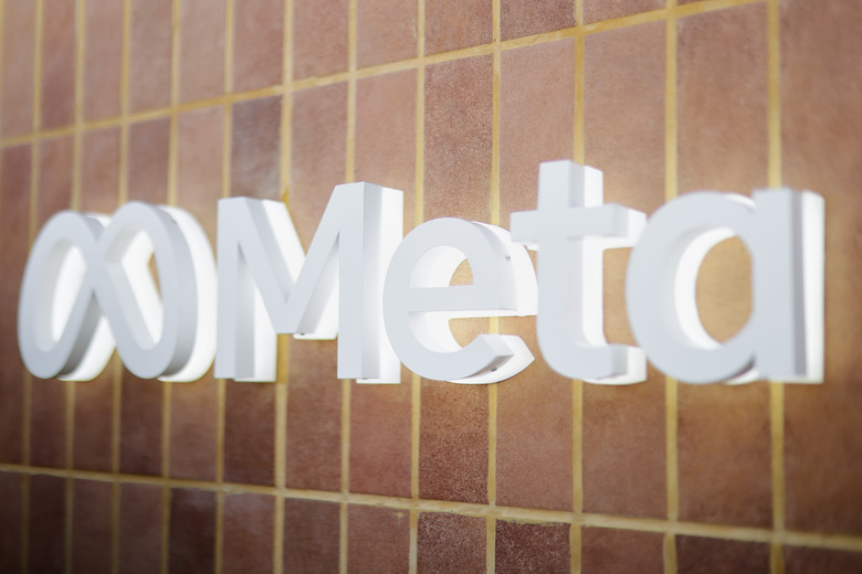 A white Meta logo against a brick wall. Photo by Joan Cros/NurPhoto via Getty Images)