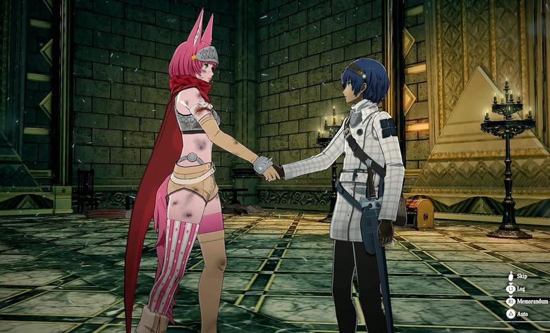 Two video game characters in the middle of the image, shaking hands.