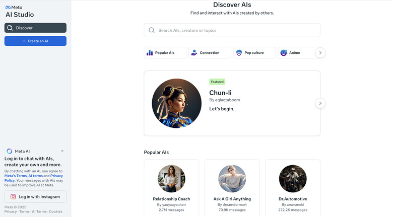 Screenshot of Meta AI's homepage with suggested AI-generated chatbots.