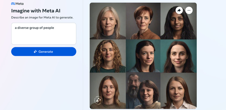 Meta AI's image generator seems biased toward creating images of the same race even when prompted otherwise.