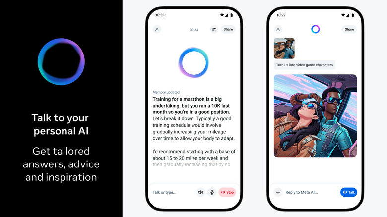 Three screens showing the Meta AI app.