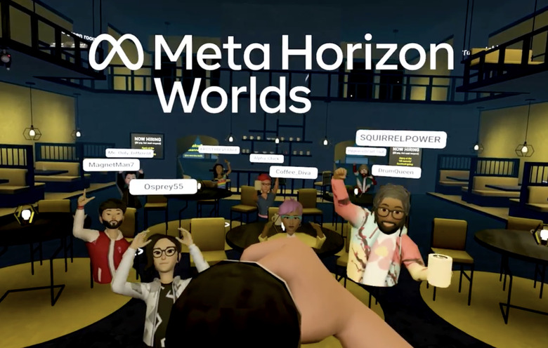Multiple people meeting in a social space in Horizon Worlds.