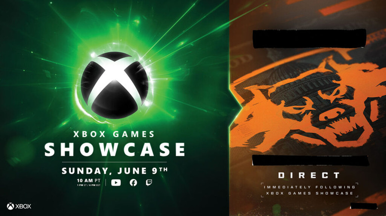 A teaser / announcement image for Microsoft's Xbox Games Showcase 2024. Left panel: An Xbox logo exploding into green with the text 