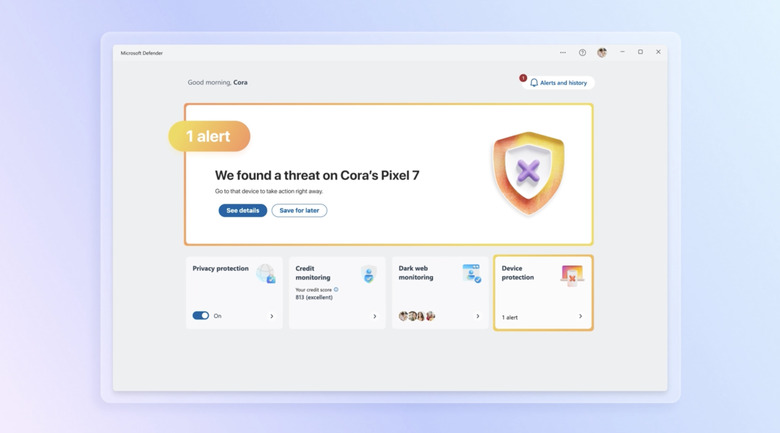 A screenshot of a demo of the Microsoft Defender app on Windows, showing options for the privacy protection tool, credit monitoring, dark web monitoring and device protection