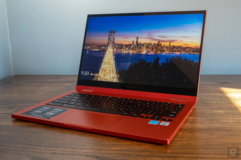 The Samsung Galaxy Chromebook 2 in red.