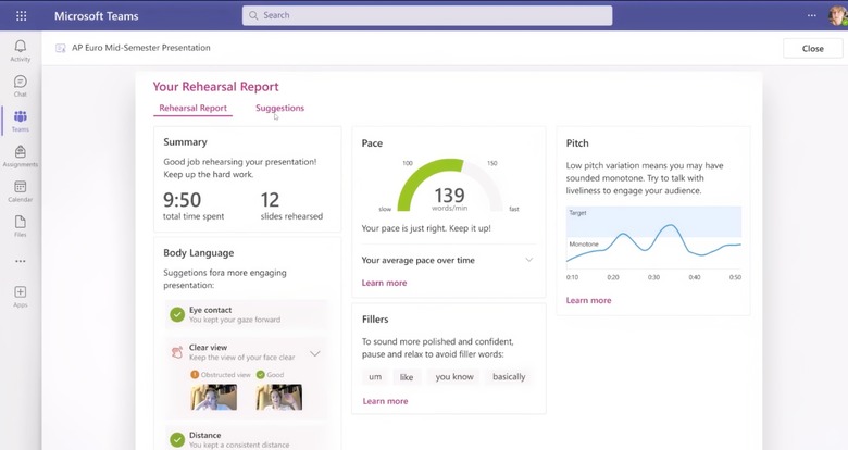 Screenshot of Microsoft Teams giving a student detailed (AI-powered) feedback on their presentation rehearsal. It says the presentation lasted 9:50 with 12 slides at a rate of 139 words per minute.