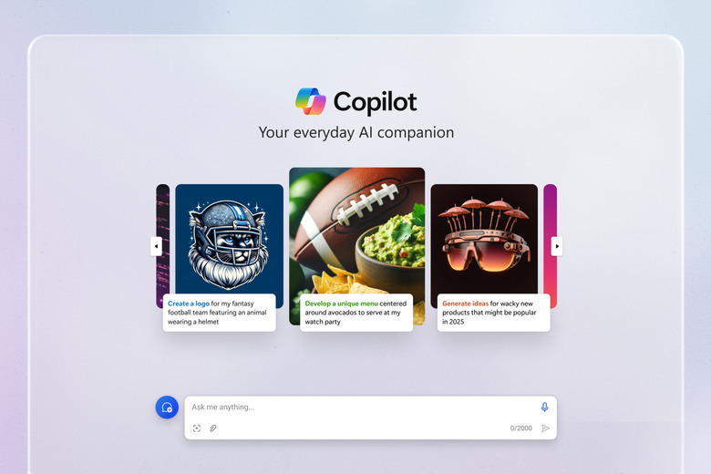 Microsoft Copilot redesign, with a carousel of suggested prompts for the chatbot.
