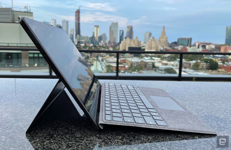 The Microsoft Surface Pro 8, photographed on a roof deck with the keyboard folio attached.