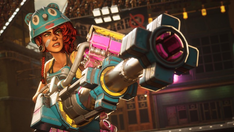 Gizmo, one of the heroes of Bleeding Edge, points his weapon at an opponent out of frame. 