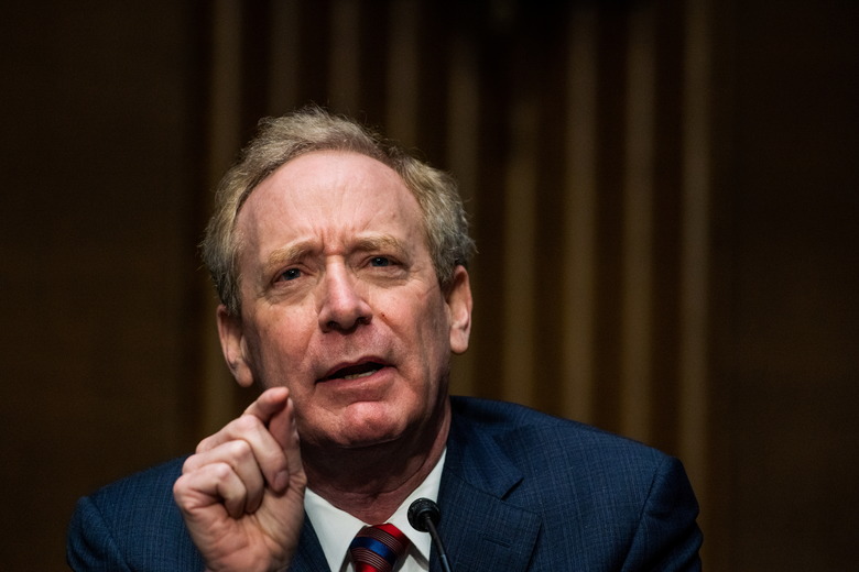 Microsoft President Brad Smith speaks during the Senate Intelligence Committee hearing on Capitol Hill in Washington, U.S., February 23, 2021. Demetrius Freeman/Pool via REUTERS