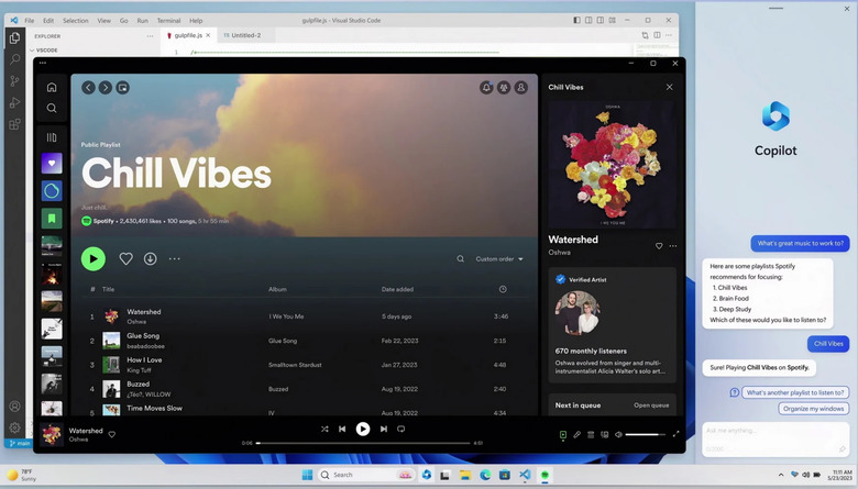 Promotional screenshot showing Microsoft 365 Copilot (AI tools in action). A Spotify playlist called 