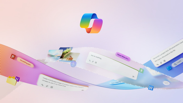 The Copilot logo over a twisted ribbon of different Copilot interface elements, like chat boxes.