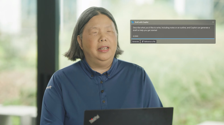 A screenshot from a Microsoft video about its Copilot AI feature's accessibility support. The screenshot shows a person with a vision-related disability and an overlaid screenshot of a 