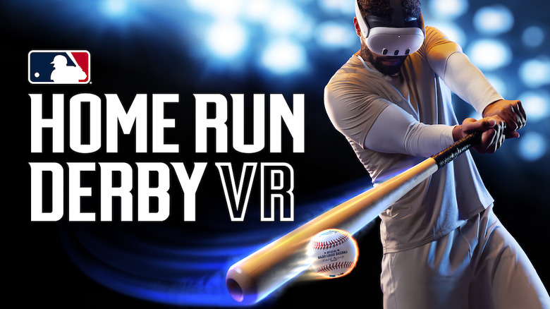 A person playing baseball while wearing a Meta Quest VR headset.