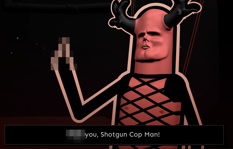 A still from the announcement trailer for Shotgun Cop Man showing Satan, who has a chiseled jaw, wearing in a rave-style net shirt and holding up a blurred middle finger. Below him are the words