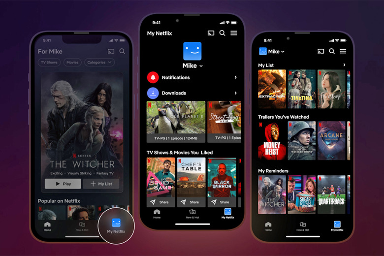 Three screen renders showing the updates to the My Netflix tab on iPhone.