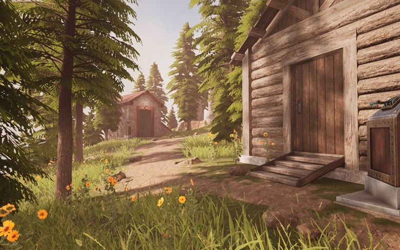 Myst iOS screenshot showing a forested location with two log cabins and wild flowers. 