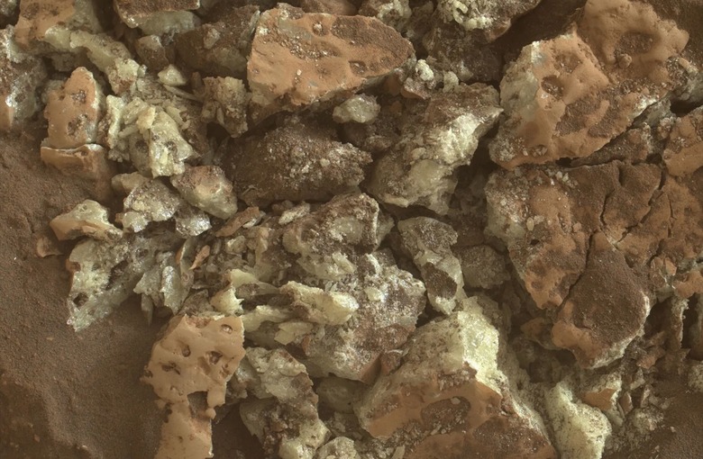 A closeup image of sulfur crystals observed by the Curiosity rover on Mars