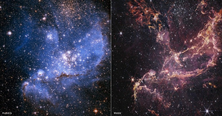 A comparison shot of Hubble and Webb images of NGC 346, a cluster home to several ancient planet-forming disks.