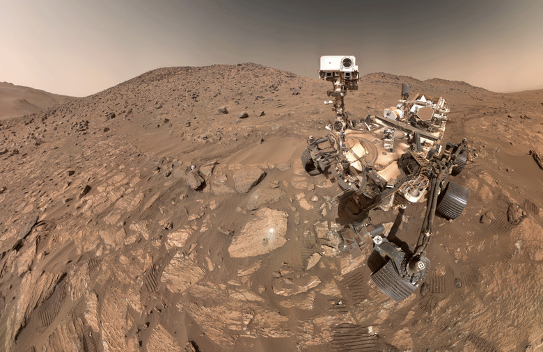 A photo of NASA's Perseverance rover. At the center is the rock that could contain signs of ancient microbial life.