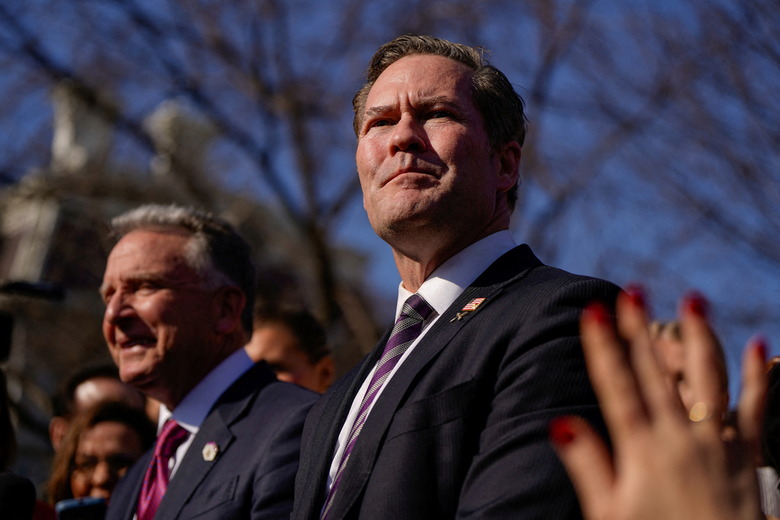 U.S. National Security Advisor Michael Waltz looks on as U.S. Special Envoy to the Middle East Steve Witkoff speaks to reporters outside the White House in Washington, U.S., February 4, 2025. REUTERS/Elizabeth Frantz