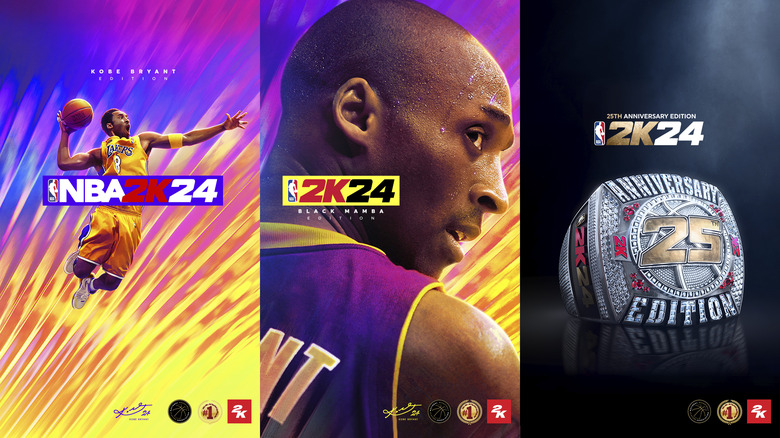 Three-panel split screen view of the three covers for NBA 2K24. Left: young Kobe Bryant going up for a dunk, center: closeup of older Bryant, right: a championship ring with 