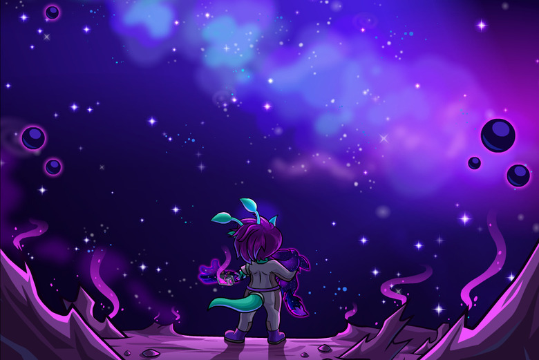 A computer graphic of the back of a small human-like video game character against a purple landscape.