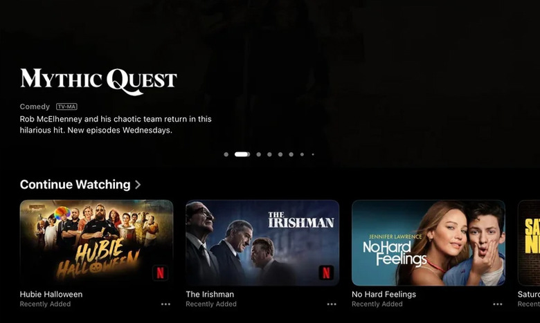 Screenshot of Netflix integration in the Apple TV app for iPad. Various shows highlighted.