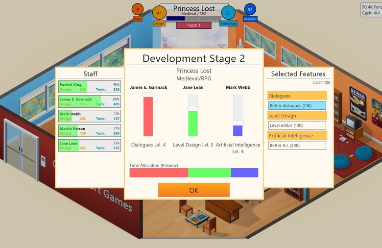 Screenshot of Game Dev Tycooon showing development stats.