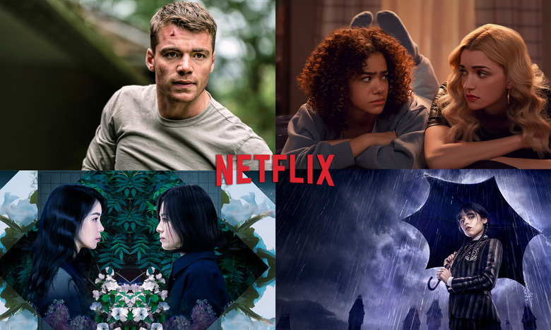 A grid of title screens for four Netflix series (clockwise, starting at upper left): The Night Agent, Ginny & Georgia, Wednesday and The Glory. A red Netflix logo floats in the center.