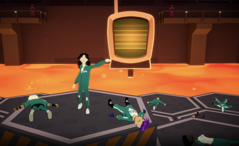 Computer graphics showing people wearing green tracksuits. Five people are lying on the ground and only one is standing up.