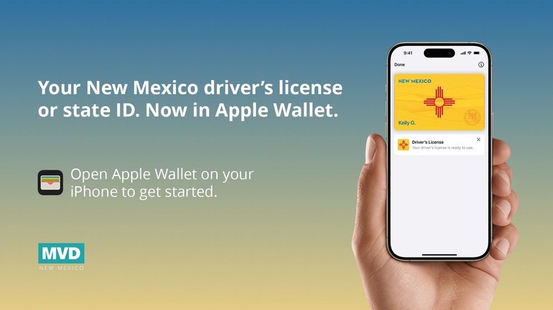 A hand holding an iPhone displaying a digital New Mexico driver's license next to text that says 