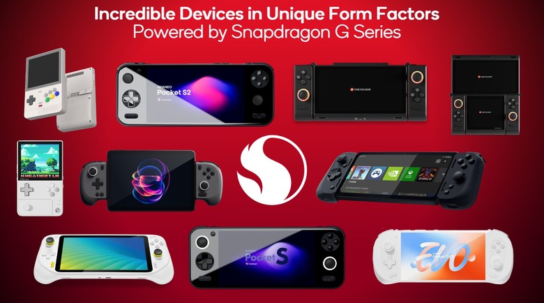 A visual showing a series of new gaming handhelds running Snapdragon G Series chips.