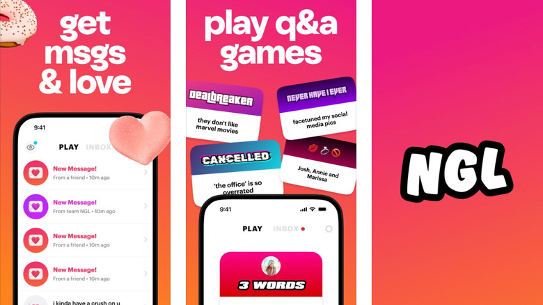 Three marketing panels for the NGL mobile app. Marketing copy (