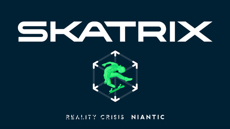 A logo for Skatrix showing a skateboarder. 