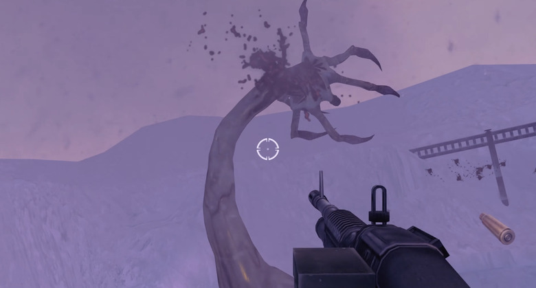 A first-person view from a helicopter of a machine gun point at a giant alien tentacle.