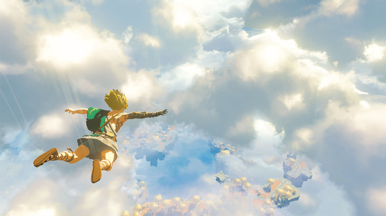 Link jumping down to Hyrule from the clouds in Tears of the Kingdom.