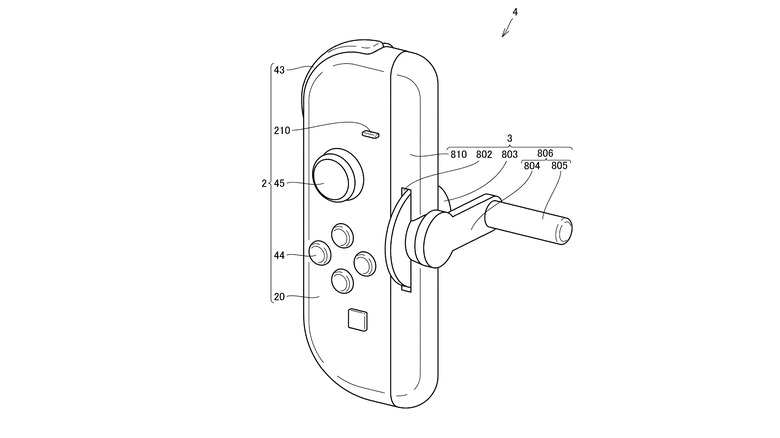 A patent illustration of a Joy-Con 2 controller with a crank attached.