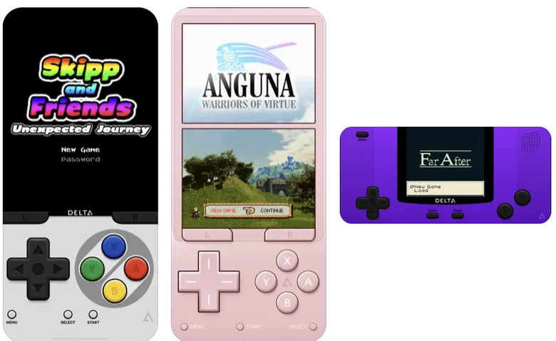 Screenshots of the Delta emulator, showing games running on emulated Nintendo devices.