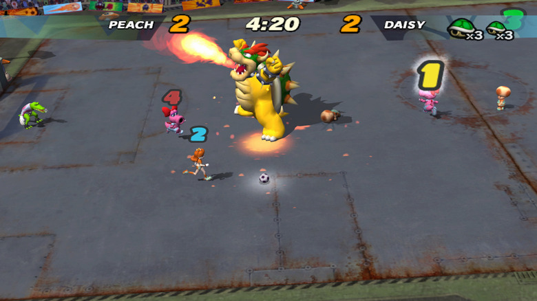 A screenshot of Super Mario Strikers showing Mario characters playing football.