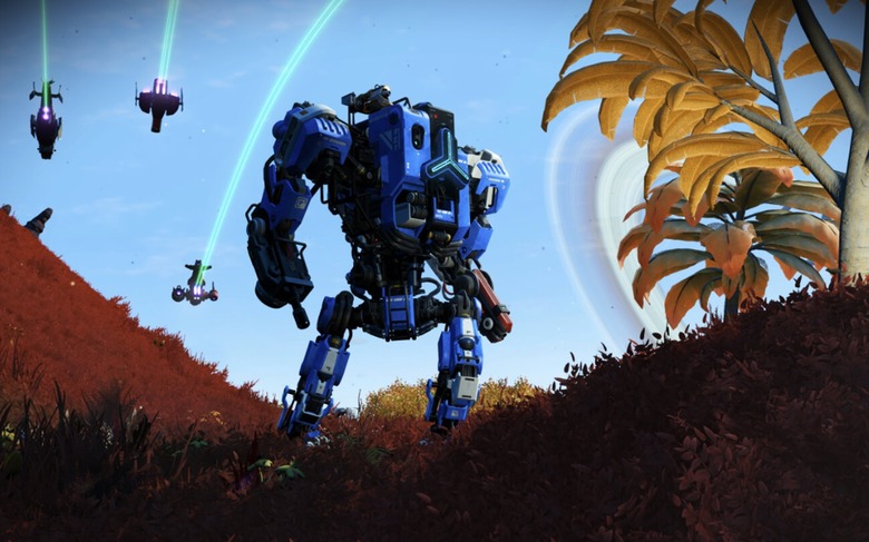 Screenshot from No Man's Sky featuring a blue mech standing on a lush planet with starships flying in the sky above.
